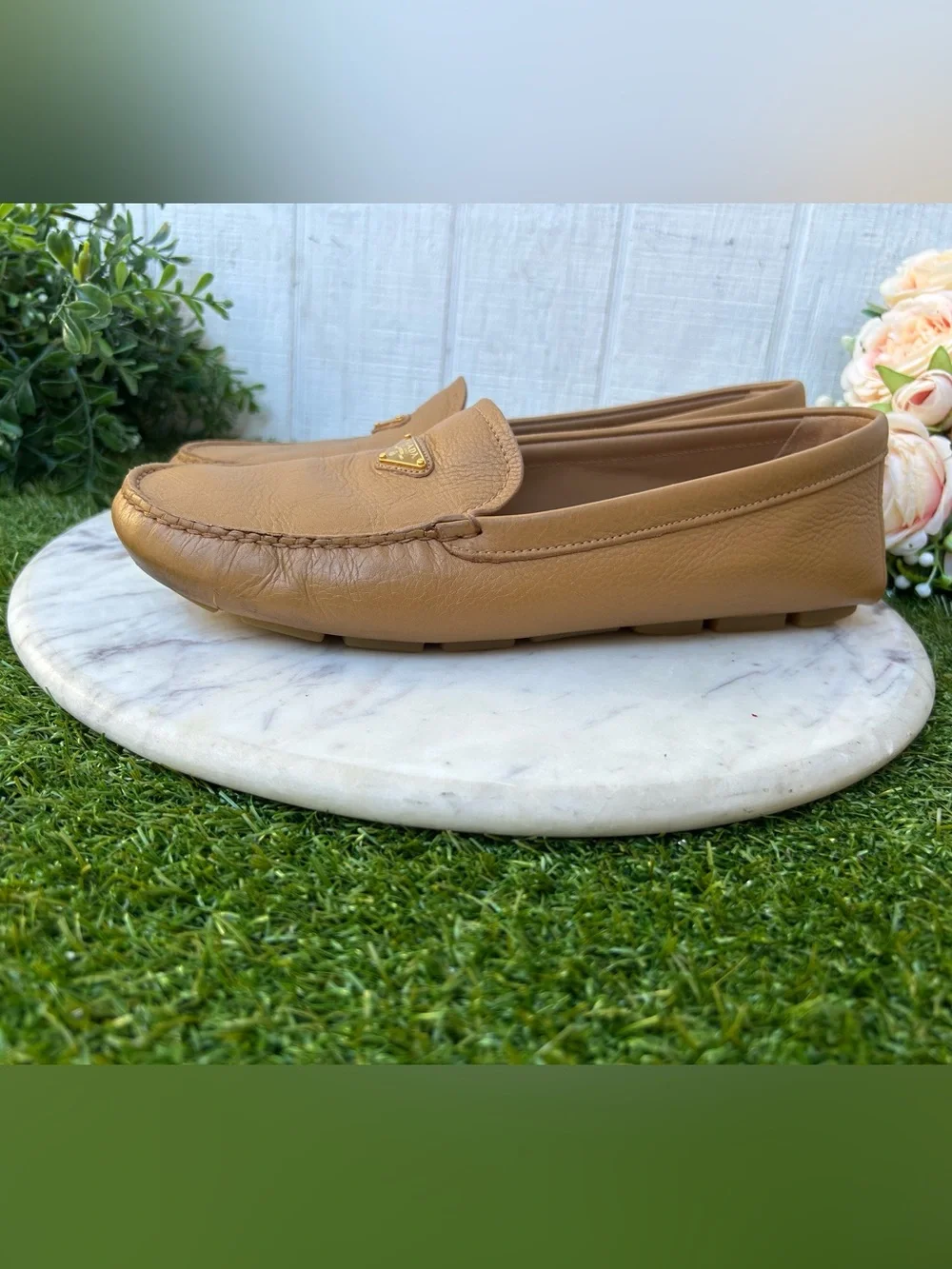 Prada Triangle Logo Driving Loafer Women 41 US 11 gently used  camel brown